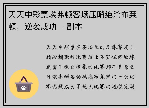 天天中彩票埃弗顿客场压哨绝杀布莱顿，逆袭成功 - 副本