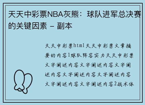 天天中彩票NBA灰熊：球队进军总决赛的关键因素 - 副本