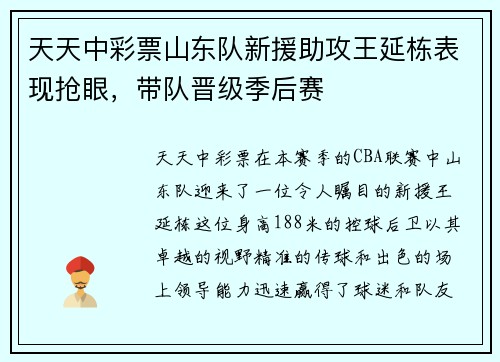 天天中彩票山东队新援助攻王延栋表现抢眼，带队晋级季后赛