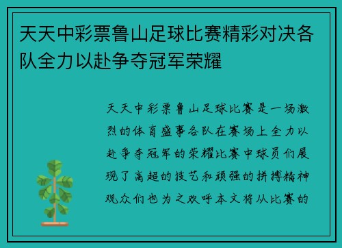 天天中彩票鲁山足球比赛精彩对决各队全力以赴争夺冠军荣耀