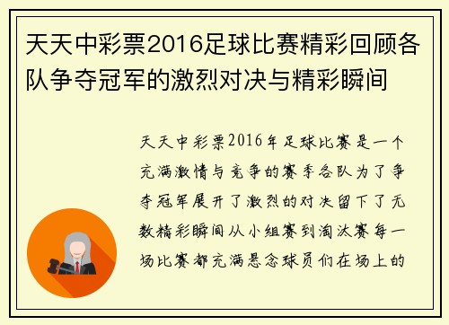 天天中彩票2016足球比赛精彩回顾各队争夺冠军的激烈对决与精彩瞬间