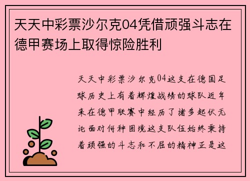 天天中彩票沙尔克04凭借顽强斗志在德甲赛场上取得惊险胜利