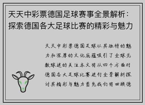 天天中彩票德国足球赛事全景解析：探索德国各大足球比赛的精彩与魅力