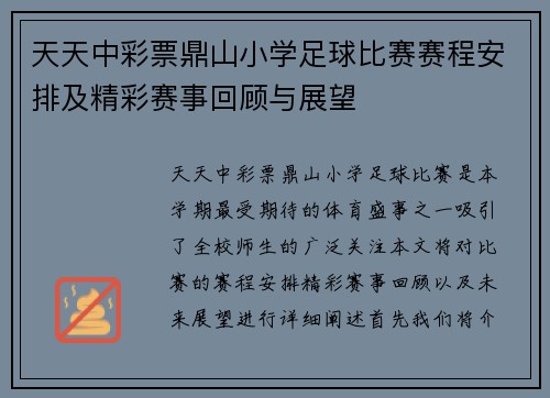 天天中彩票鼎山小学足球比赛赛程安排及精彩赛事回顾与展望