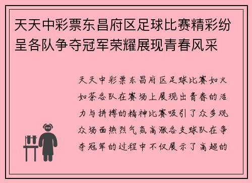 天天中彩票东昌府区足球比赛精彩纷呈各队争夺冠军荣耀展现青春风采